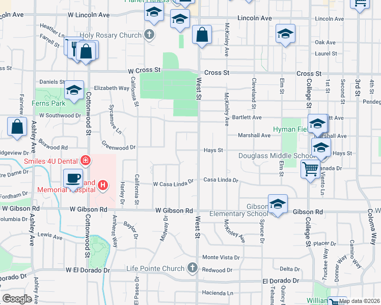 map of restaurants, bars, coffee shops, grocery stores, and more near 10 West Hays Street in Woodland