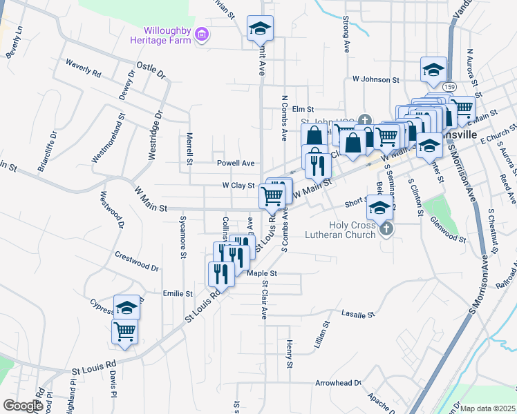 map of restaurants, bars, coffee shops, grocery stores, and more near 913 West Main Street in Collinsville