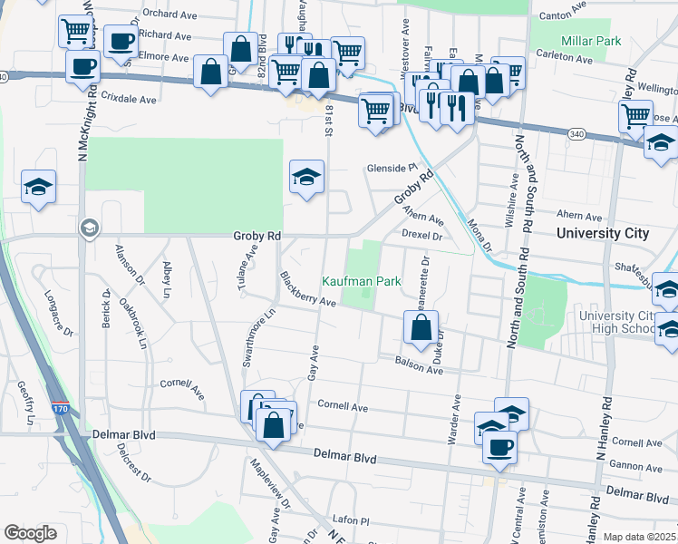 map of restaurants, bars, coffee shops, grocery stores, and more near 931 Mulberry Lane in University City