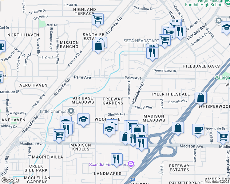 map of restaurants, bars, coffee shops, grocery stores, and more near 4206 Watrous Avenue in Sacramento