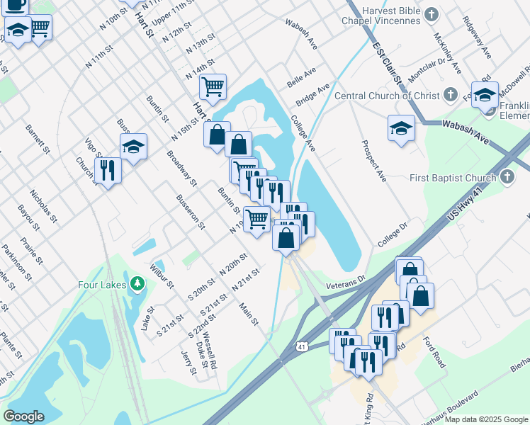 map of restaurants, bars, coffee shops, grocery stores, and more near 1902 Hart St in Vincennes