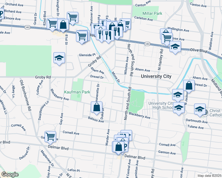 map of restaurants, bars, coffee shops, grocery stores, and more near 973 Warder Avenue in University City