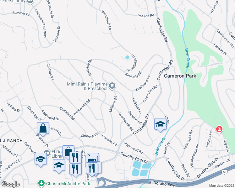map of restaurants, bars, coffee shops, grocery stores, and more near 3677 Millbrae Road in Cameron Park