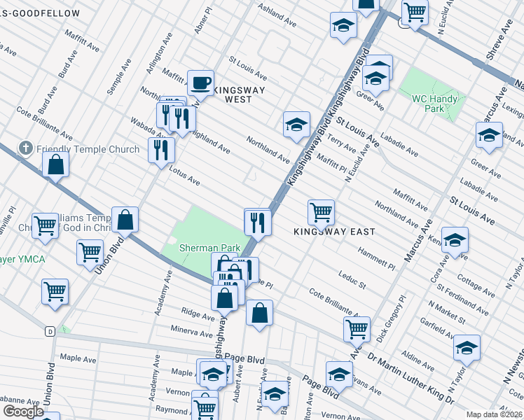 map of restaurants, bars, coffee shops, grocery stores, and more near 2301 North Kingshighway Boulevard in St. Louis