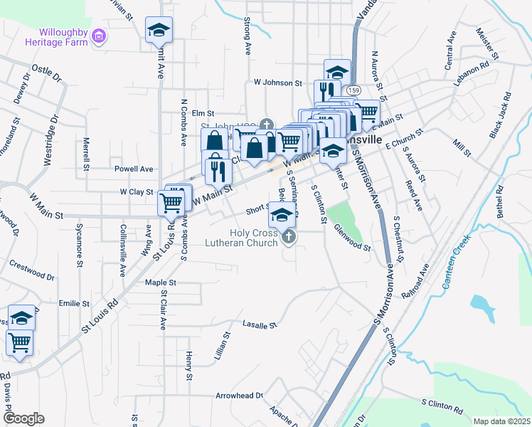 map of restaurants, bars, coffee shops, grocery stores, and more near 414 Short Street in Collinsville