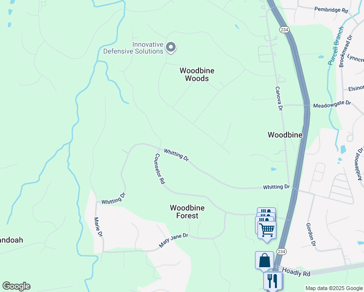 map of restaurants, bars, coffee shops, grocery stores, and more near 8044 Whitting Drive in Manassas