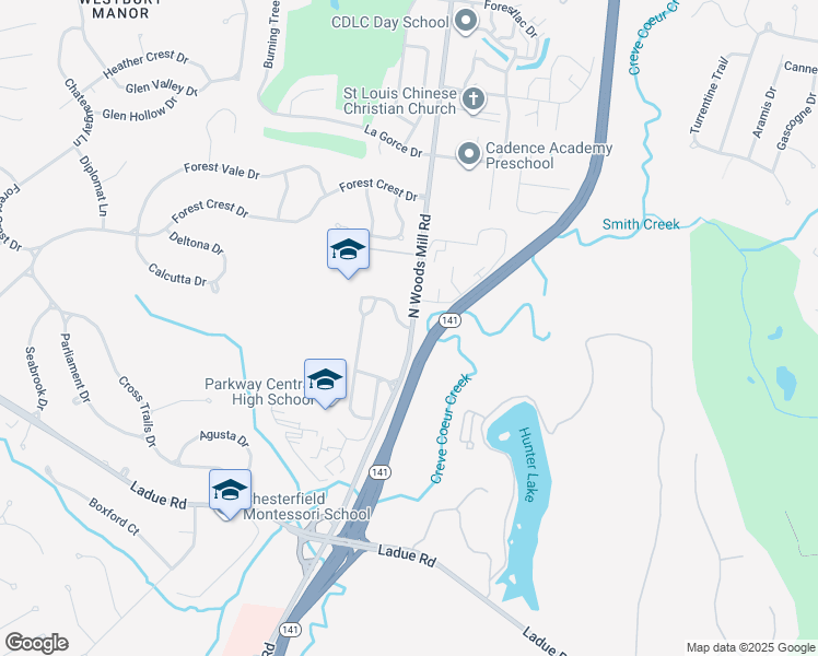 map of restaurants, bars, coffee shops, grocery stores, and more near 471 North Woods Mill Road in Town and Country