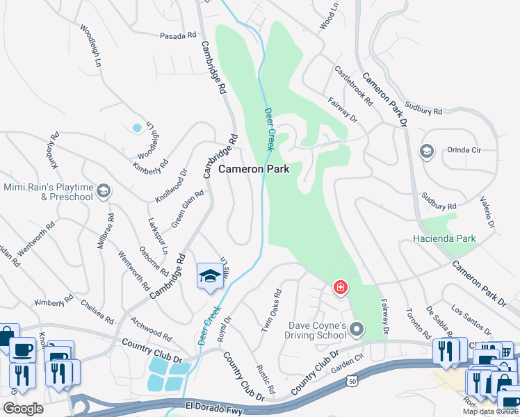 map of restaurants, bars, coffee shops, grocery stores, and more near 3599 Montclair Road in Cameron Park