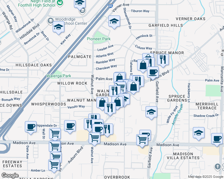 map of restaurants, bars, coffee shops, grocery stores, and more near 5506 Foothill Garden Court in Sacramento