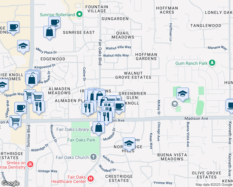 map of restaurants, bars, coffee shops, grocery stores, and more near 8138 Deseret Avenue in Fair Oaks