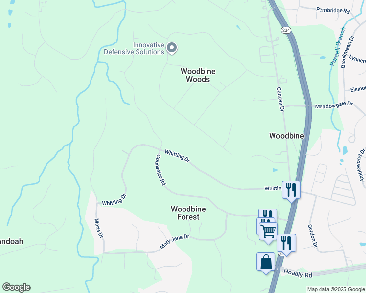 map of restaurants, bars, coffee shops, grocery stores, and more near 8044 Whitting Drive in Manassas