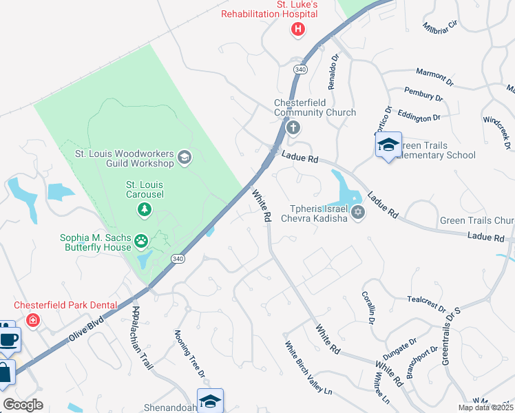 map of restaurants, bars, coffee shops, grocery stores, and more near 14701 Whitebrook Drive in Chesterfield