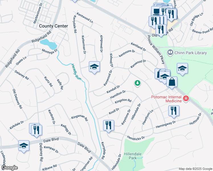 map of restaurants, bars, coffee shops, grocery stores, and more near 4605 Kenwood Drive in Woodbridge