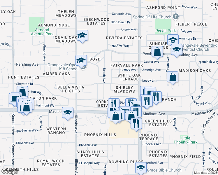 map of restaurants, bars, coffee shops, grocery stores, and more near 8804 Britland Way in Fair Oaks