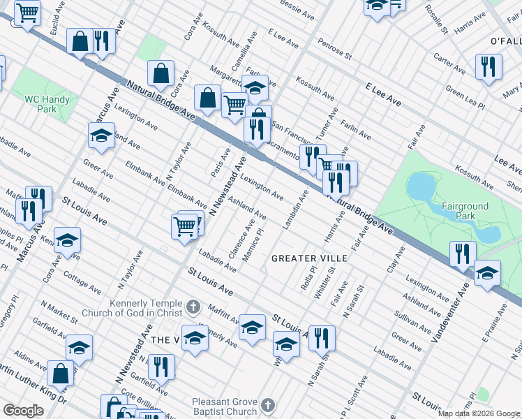 map of restaurants, bars, coffee shops, grocery stores, and more near 4249 Ashland Avenue in St. Louis