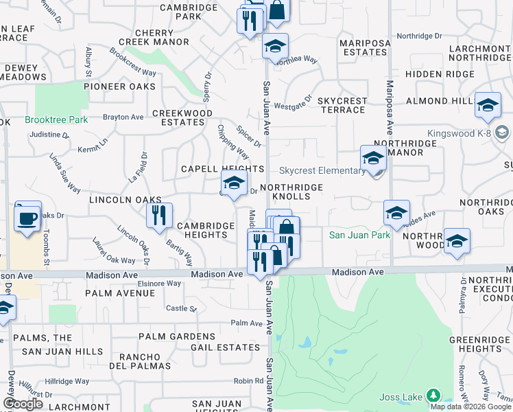 map of restaurants, bars, coffee shops, grocery stores, and more near 5536 Maidstone Way in Citrus Heights