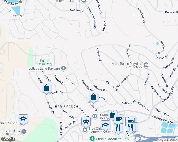 map of restaurants, bars, coffee shops, grocery stores, and more near 2518 Knollwood Drive in Cameron Park