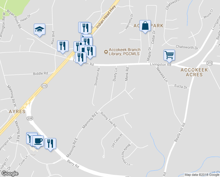 map of restaurants, bars, coffee shops, grocery stores, and more near 16001 Dusty Ln in Accokeek