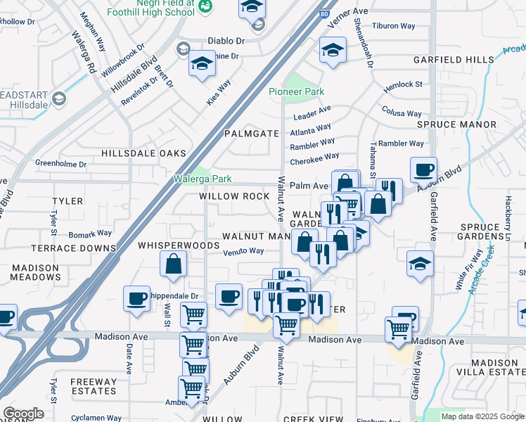 map of restaurants, bars, coffee shops, grocery stores, and more near 5025 Willow Rock Way in Sacramento