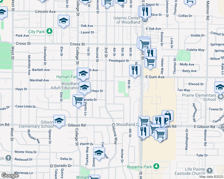 map of restaurants, bars, coffee shops, grocery stores, and more near 1044 4th Street in Woodland