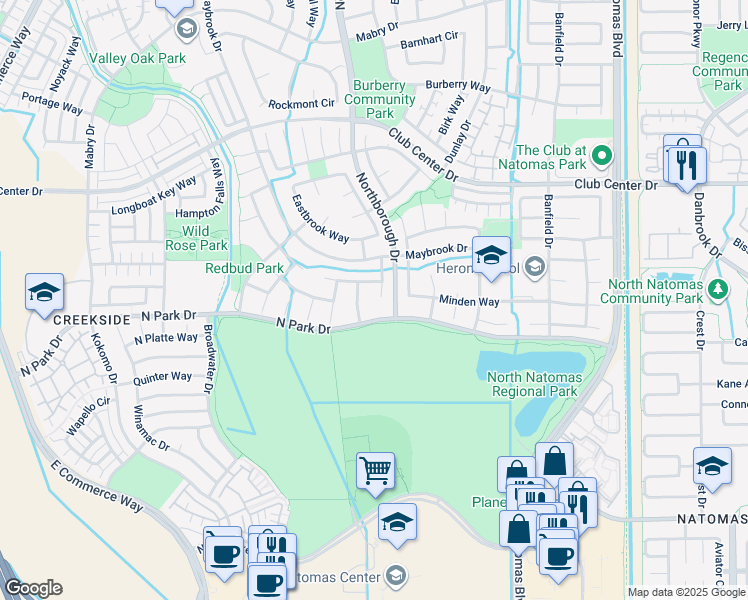 map of restaurants, bars, coffee shops, grocery stores, and more near 5111 Gorham Court in Sacramento