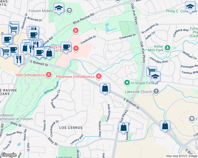 map of restaurants, bars, coffee shops, grocery stores, and more near 2304 East Bidwell Street in Folsom