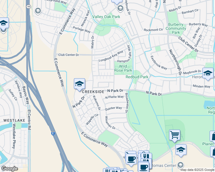 map of restaurants, bars, coffee shops, grocery stores, and more near 2989 Trap Rock Way in Sacramento