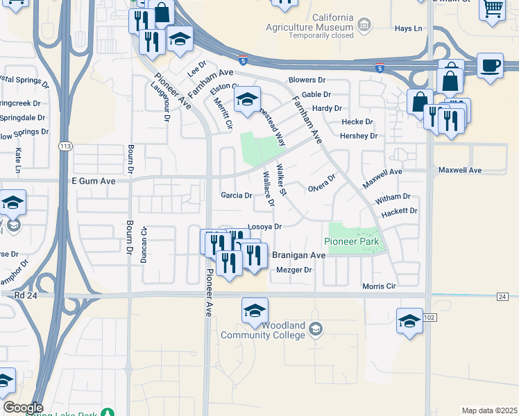 map of restaurants, bars, coffee shops, grocery stores, and more near 910 Wallace Drive in Woodland