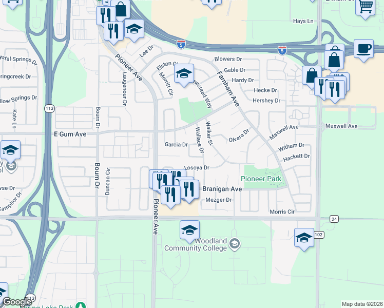map of restaurants, bars, coffee shops, grocery stores, and more near 910 Wallace Drive in Woodland