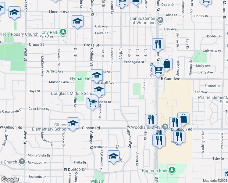 map of restaurants, bars, coffee shops, grocery stores, and more near 727 Hays Street in Woodland