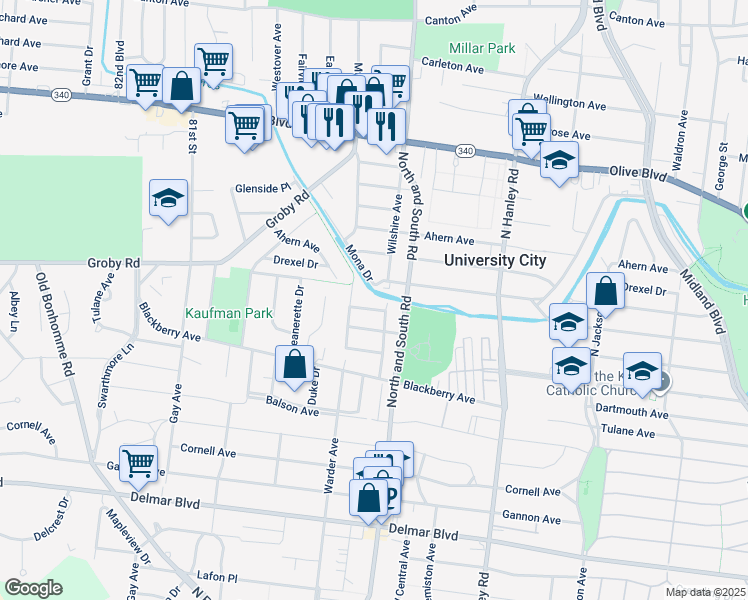 map of restaurants, bars, coffee shops, grocery stores, and more near 7723 Wild Plum Avenue in St. Louis
