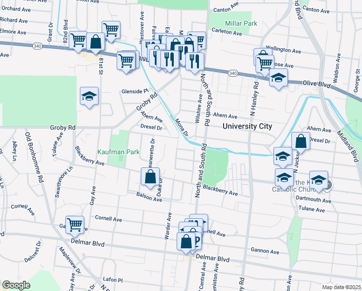 map of restaurants, bars, coffee shops, grocery stores, and more near 977 Warder Avenue in University City