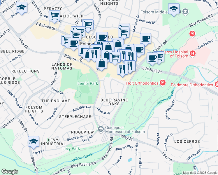 map of restaurants, bars, coffee shops, grocery stores, and more near 107 Chesterfield Way in Folsom