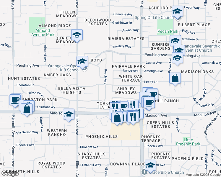 map of restaurants, bars, coffee shops, grocery stores, and more near 8804 Britland Way in Fair Oaks