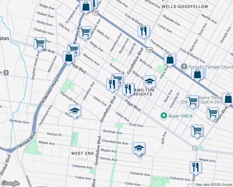 map of restaurants, bars, coffee shops, grocery stores, and more near Page Blvd & Goodfellow Blvd in St Louis