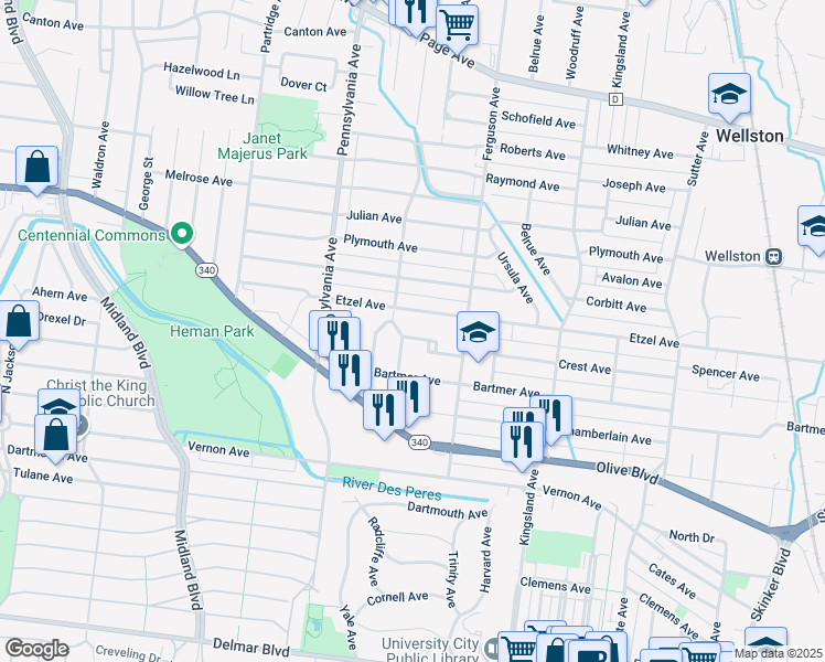 map of restaurants, bars, coffee shops, grocery stores, and more near 6845 Crest Avenue in University City