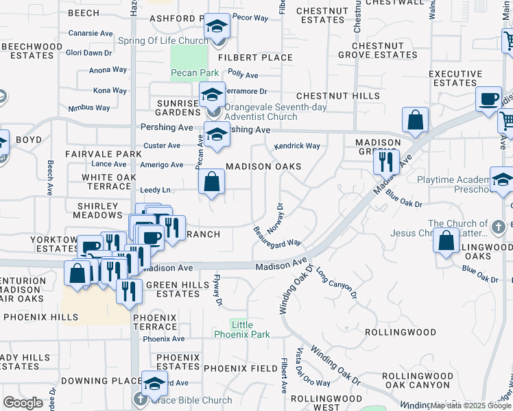 map of restaurants, bars, coffee shops, grocery stores, and more near 5524 Beauregard Way in Orangevale