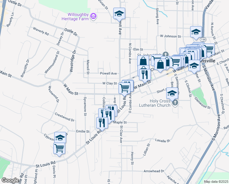map of restaurants, bars, coffee shops, grocery stores, and more near 913 West Main Street in Collinsville