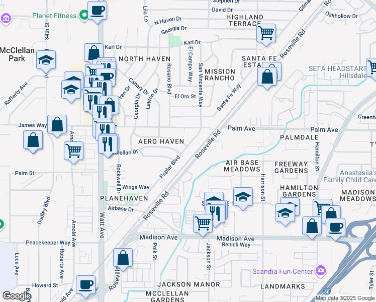 map of restaurants, bars, coffee shops, grocery stores, and more near 5508 Poplar Boulevard in North Highlands
