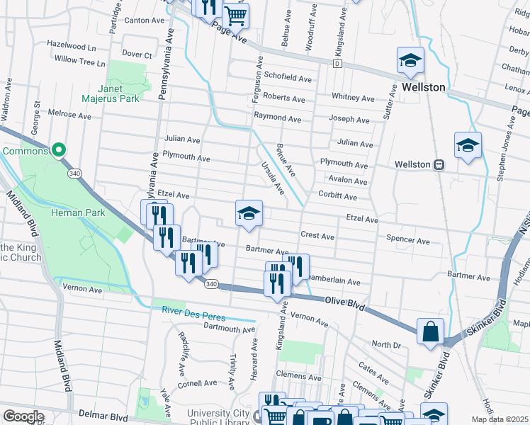 map of restaurants, bars, coffee shops, grocery stores, and more near 6750 Etzel Avenue in University City