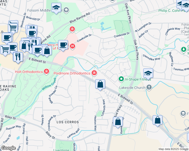 map of restaurants, bars, coffee shops, grocery stores, and more near 2304 East Bidwell Street in Folsom