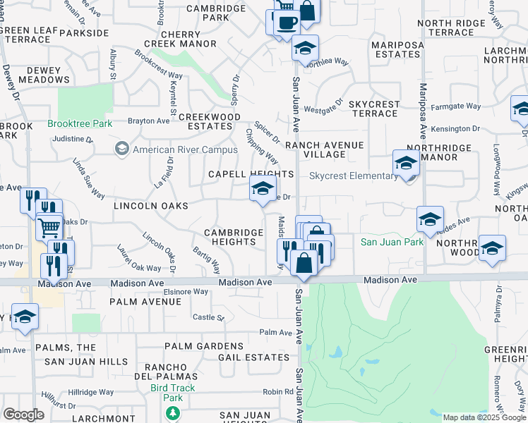 map of restaurants, bars, coffee shops, grocery stores, and more near 5555 Fleetwood Drive in Citrus Heights