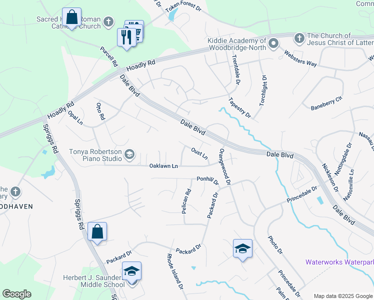 map of restaurants, bars, coffee shops, grocery stores, and more near 6109 Oust Lane in Woodbridge