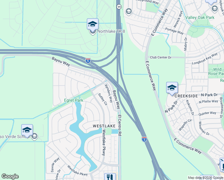 map of restaurants, bars, coffee shops, grocery stores, and more near 3522 Bayou Way in Sacramento