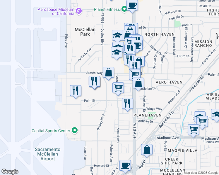 map of restaurants, bars, coffee shops, grocery stores, and more near 5504 Dudley Boulevard in McClellan Park