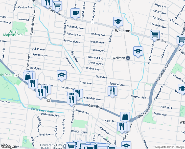 map of restaurants, bars, coffee shops, grocery stores, and more near 6547 Etzel Avenue in University City