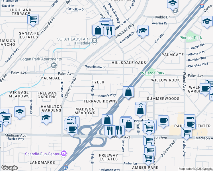 map of restaurants, bars, coffee shops, grocery stores, and more near 5532 Moorhouse Ct in Sacramento