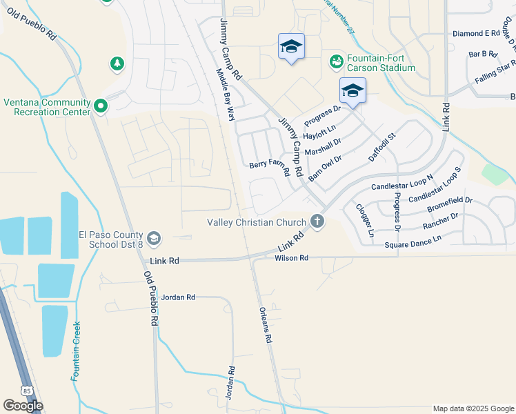 map of restaurants, bars, coffee shops, grocery stores, and more near 7668 Barn Owl Drive in Fountain