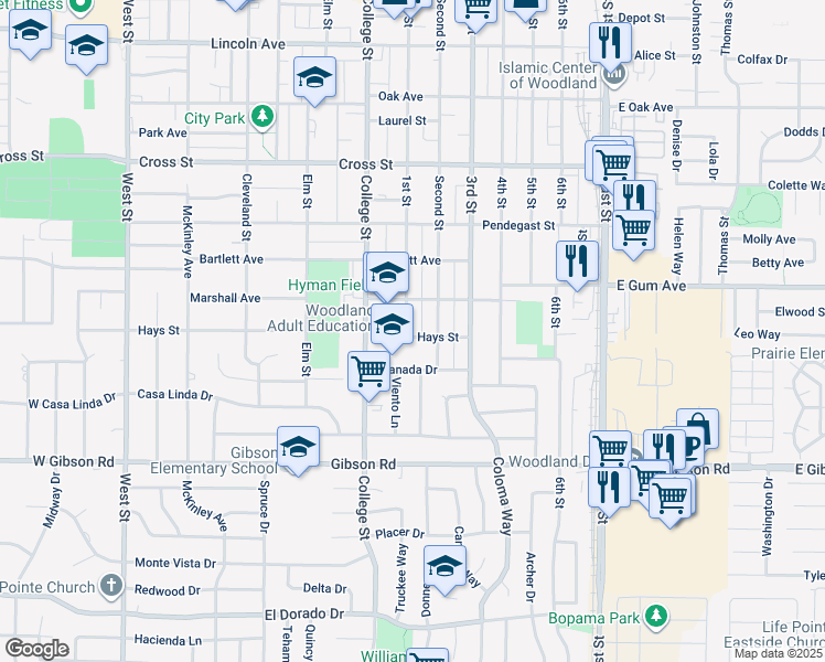 map of restaurants, bars, coffee shops, grocery stores, and more near 1017 1st Street in Woodland