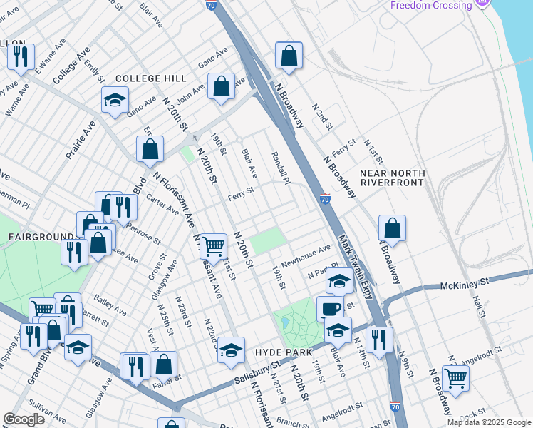 map of restaurants, bars, coffee shops, grocery stores, and more near 4223 Blair Avenue in St. Louis